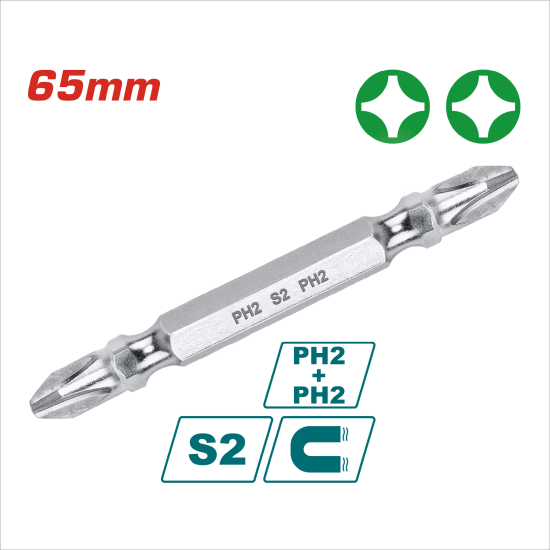 TOTAL 專業電動起子頭 六角柄 PH2*65mm 雙頭(單支)/ (TAC16PH233)