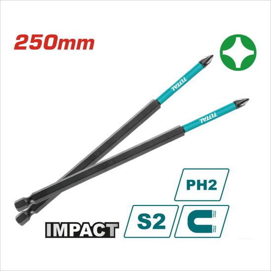 TOTAL 衝擊電動起子頭 PH2*250mm 單頭十字<單支> (TACIM16PH2103)