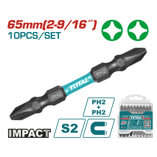 TOTAL 雙頭PH2-65mm磁性衝擊螺絲批頭-10隻裝 (TACIM16PH233)