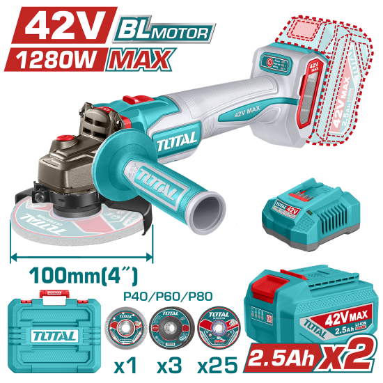 TOTAL 42v鋰電4吋砂輪機-雙2.5A組 (TAGLI4128102)