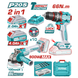 < 請洽各經銷通路 >TOTAL 20V鋰電震動電鑽+砂輪機組(TCKLI2027310)