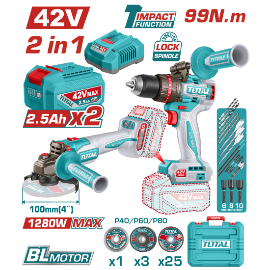 TOTAL 42V鋰電震動電鑽砂輪機-雙2.5A組 (TCKLI2508181)