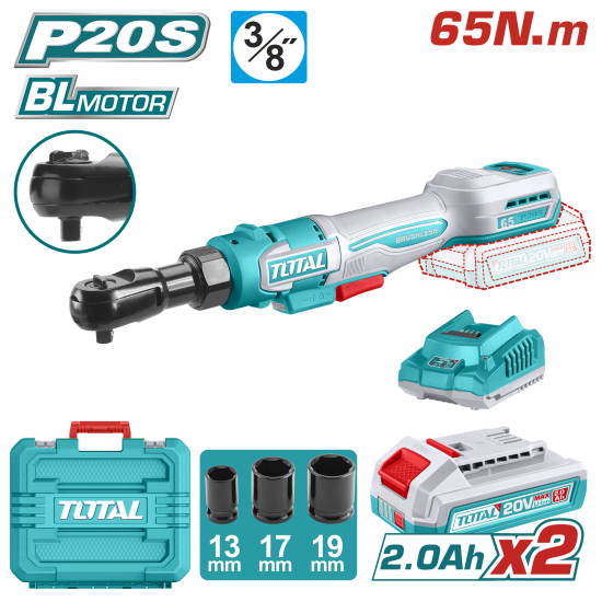TOTAL 20V 無刷3分短型鋰電棘輪扳手 雙2A組 (TDRLI20652)