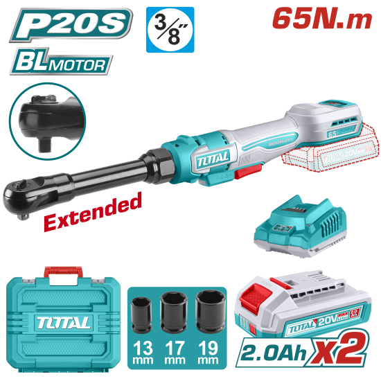 TOTAL 20V 無刷3分長型鋰電棘輪扳手 雙2A組 (TDRLI2065292)