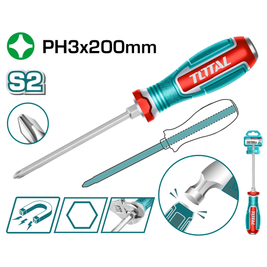 TOTAL  雙色膠柄螺絲起子 PH3*200mm (TGTPH3200)