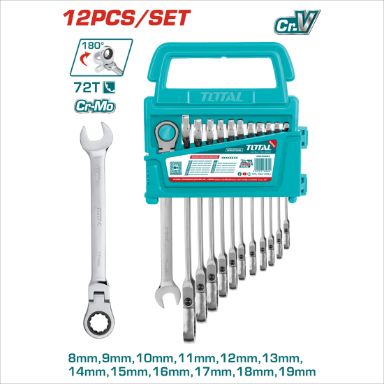 TOTAL 12件搖頭棘輪板手組套 72齒 (THT102RK5126)