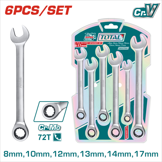TOTAL 單向固定頭棘輪板手組套 6PCS (THT102RK566)