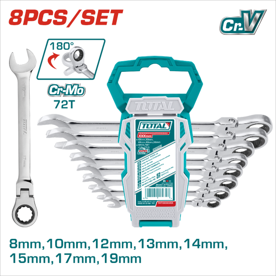 TOTAL 梅開棘輪板手組 搖頭款 8PCS (THT102RK586)
