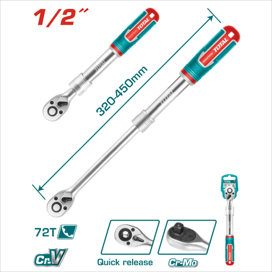 TOTAL 伸縮式棘輪板手 4分 72齒 (THT106128L)
