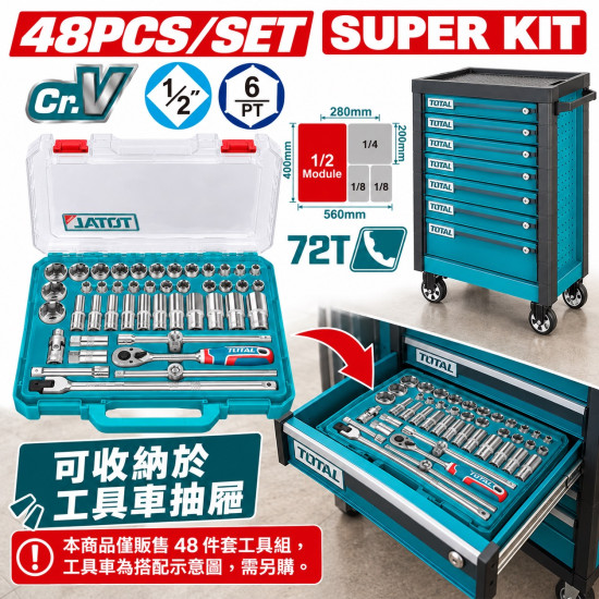 套筒板手組48件4分72齒(THT121486) 可收納於工具車抽屜