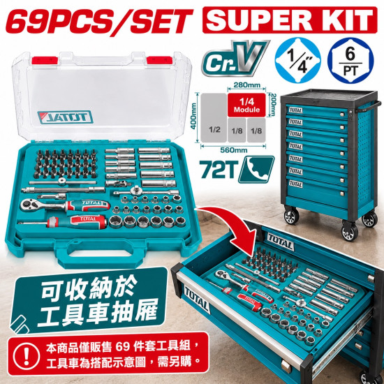 套筒板手組69件2分72齒(THT141696) 可收納於工具車抽屜