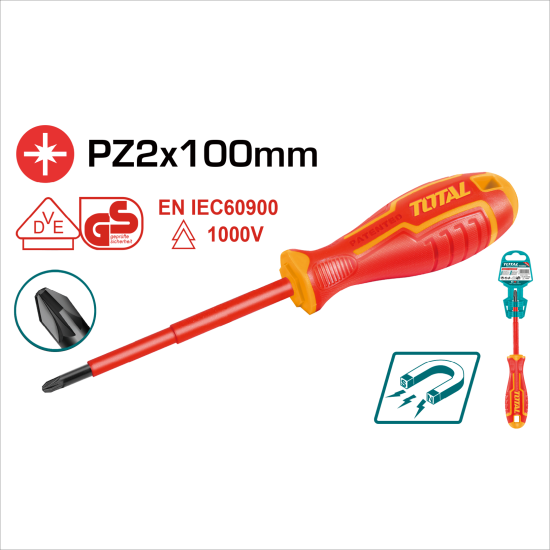 TOTAL 絕緣電工螺絲起子/PZ2×100 (THTISPZ2100)