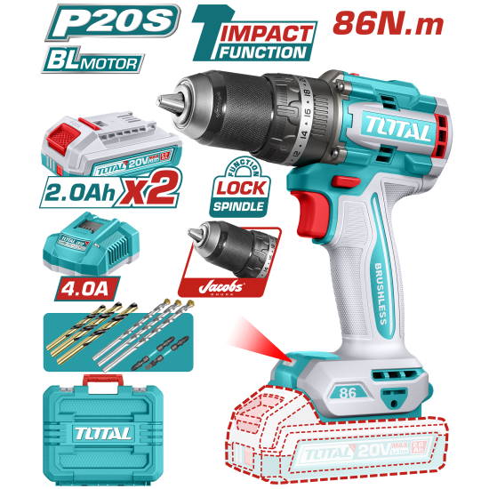 充電式震動電鑽 20V 86牛頓 -雙2.0Ah套裝 (TIDLI208688)
