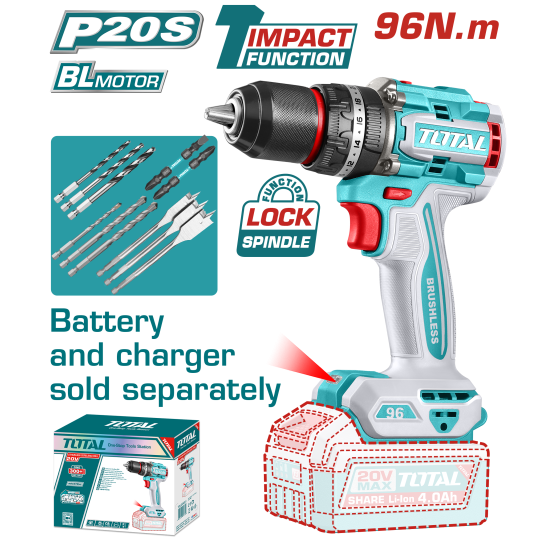 TOTAL 20V 鋰電無刷震動電鑽 升級96N.m (單主機 TIDLI209681) 