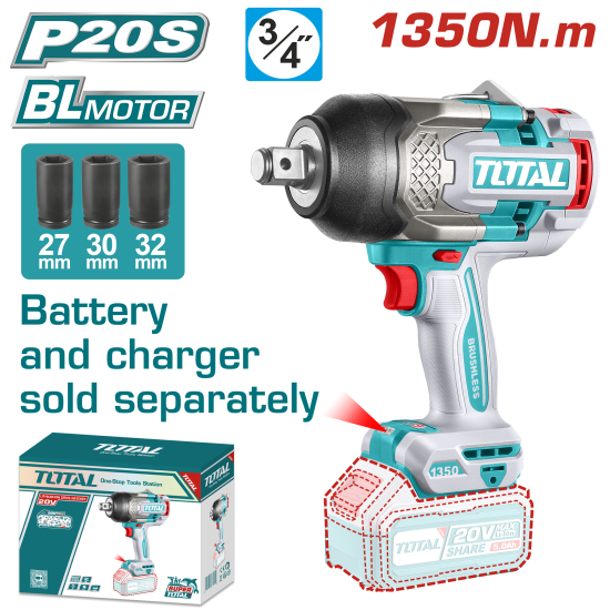 TOTAL 20V 鋰電無刷電動板手 6分 升級1350N.m (TIWLI201351)