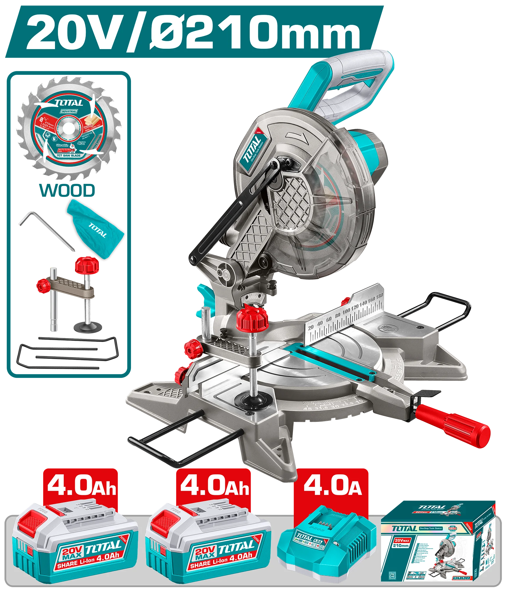 Tohun Kobayashi樣專用 4點 充電式角度切斷機20V 210mm -雙4.0Ah組套裝(TMSLI20212)