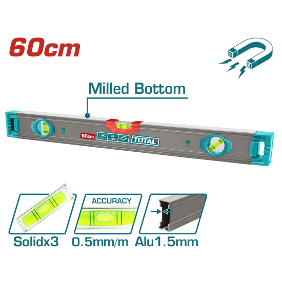 TOTAL 附磁水平尺 三氣泡 60CＭ (TMT26028M)