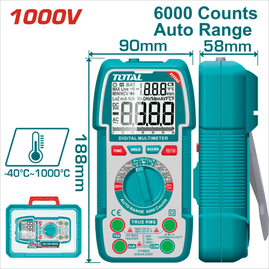TOTAL 數位顯示 自動量程萬用電錶 1000V (TMT5310004)