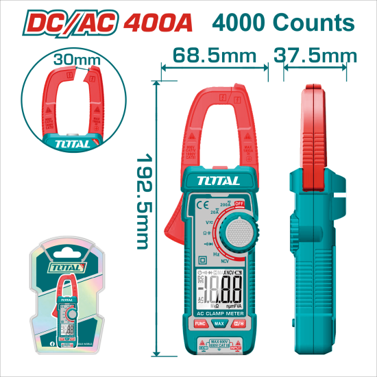 TOTAL 數位顯示 DC/AC 兩用鉤錶 400A (TMT762002)