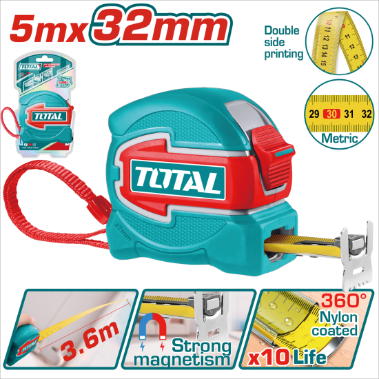TOTAL 強化款尼龍包膠公制捲尺 <5米*32mm> (TMT80532M)