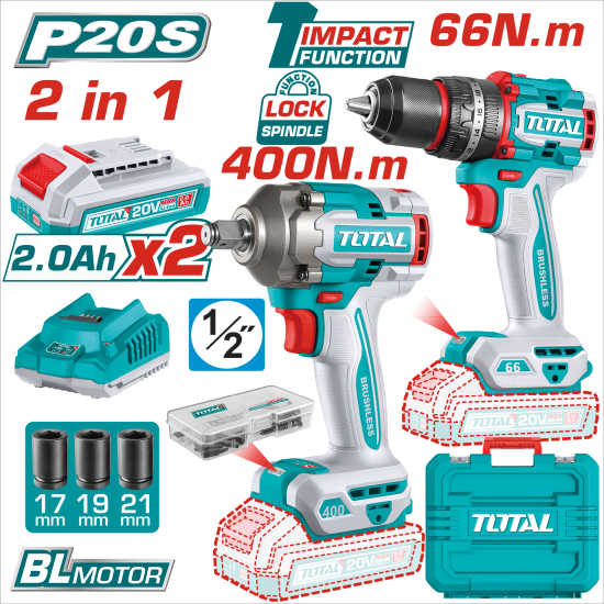 < 請洽各經銷通路 >TOTAL 20V 雙無刷電動板手+夾頭電鑽 (UTCKLI20275)