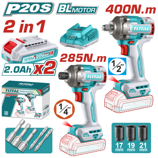 < 請洽各經銷通路 >TOTAL 一站式工具 20V 鋰電無刷衝擊起子機板手組套 (UTCKLI20281) 