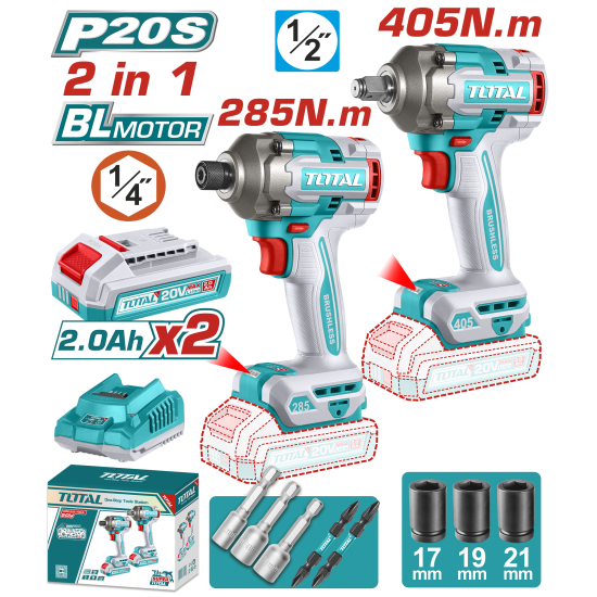 TOTAL 20V鋰電扳手+起子機組-雙2A (UTCKLI20285)
