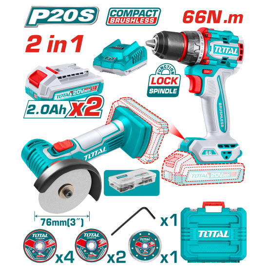 < 請洽各經銷通路 >TOTAL  新款 20V 3吋無刷砂輪電鑽雙機組套 (UTCKLI20766)