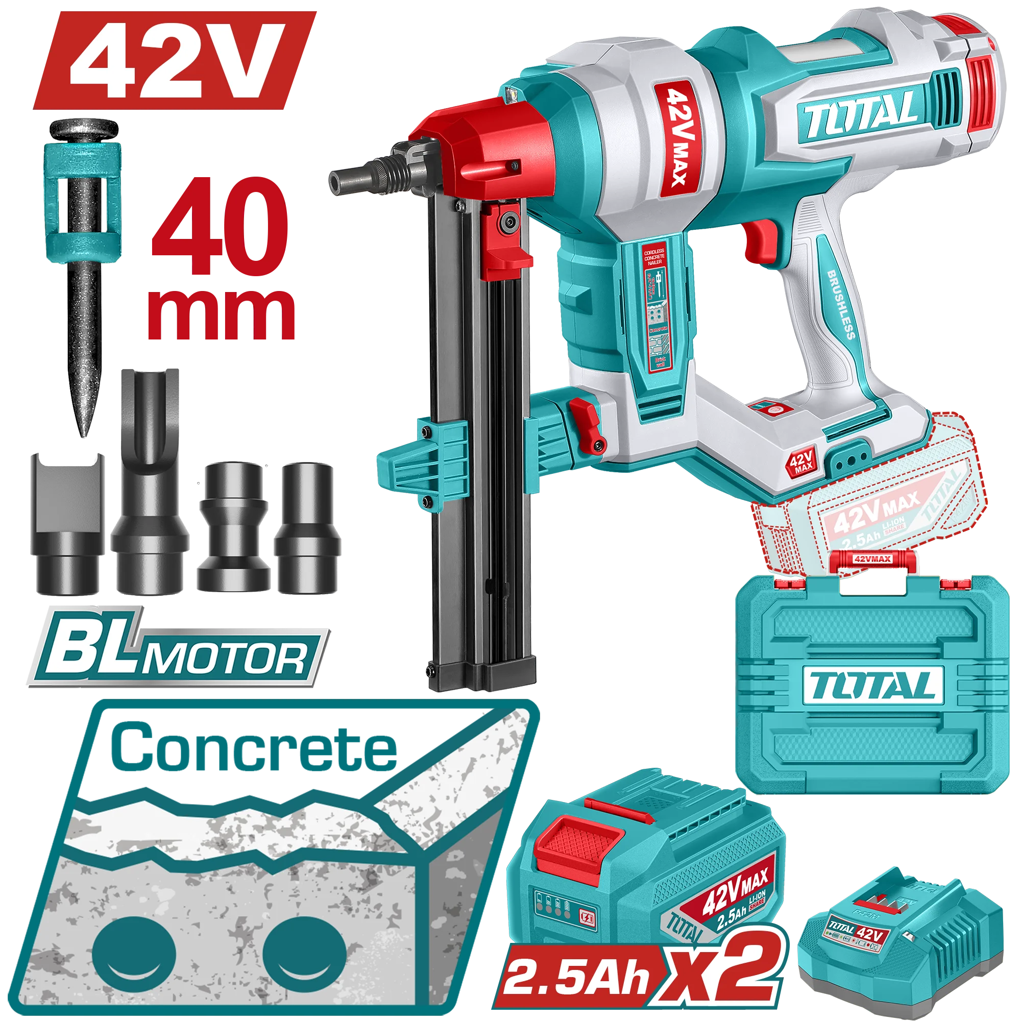 TOTAL 42V鋰電鋼釘槍-雙2.5A組(UTCNLI420602)