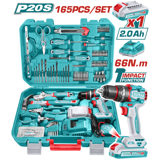 TOTAL 165件手工具+ 20V鋰電無刷震動電鑽套裝組 (UTHKTHP11652)