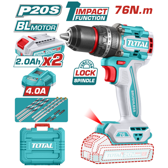 TOTAL 鋰電無刷衝擊電鑽76N.M-雙2A (UTIDLI207686)
