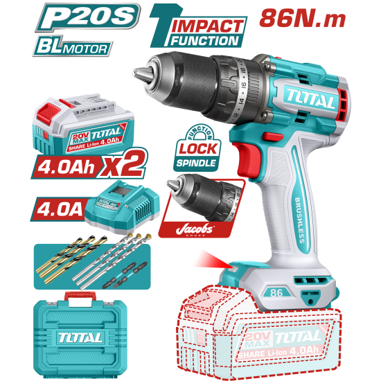 充電式震動電鑽 20V 86牛頓 -雙4.0Ah組套裝 (UTIDLI208689)