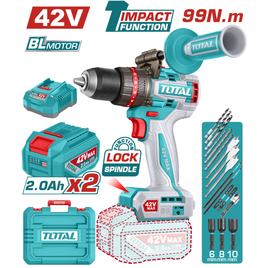 TOTAL 42V-99N.m鋰電衝擊電鑽-雙2A組 (UTIDLI429982)