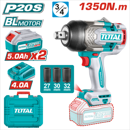 TOTAL 20V 鋰電無刷 6分衝擊板手 1350NM (UTIWLI20135)