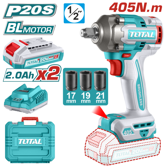 TOTAL 405N.m鋰電衝擊扳手-雙2A (UTIWLI2045)