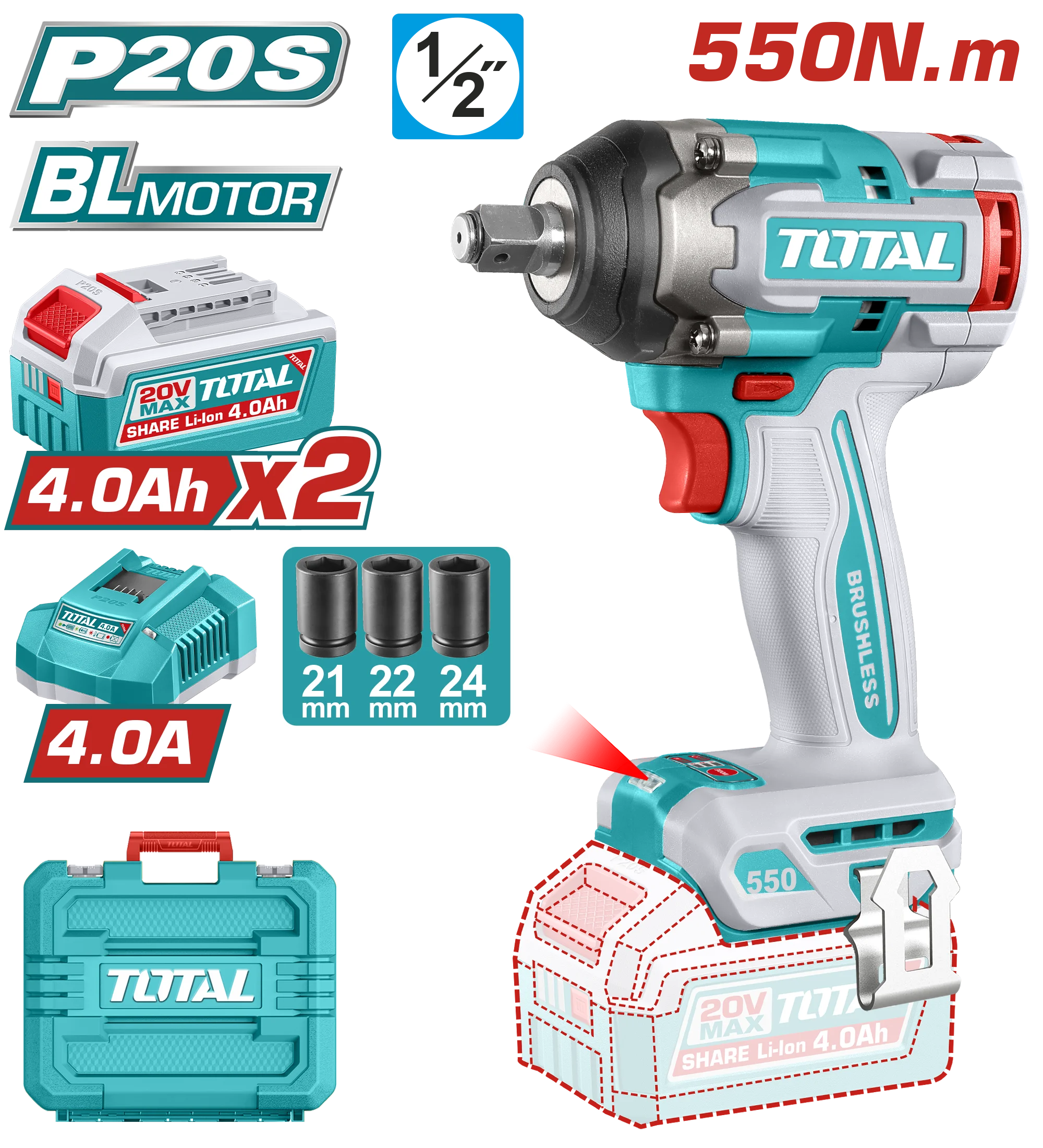 TOTAL 鋰電550N.m衝擊扳手-雙4A組(UTIWLI2055)