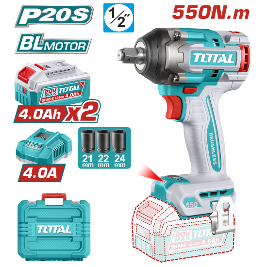 TOTAL 鋰電550N.m衝擊扳手-雙4A組(UTIWLI2055)