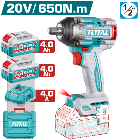 充電式衝擊扳手機 20V 650牛頓/4分 -雙4.0Ah快充套裝 (UTIWLI2065)