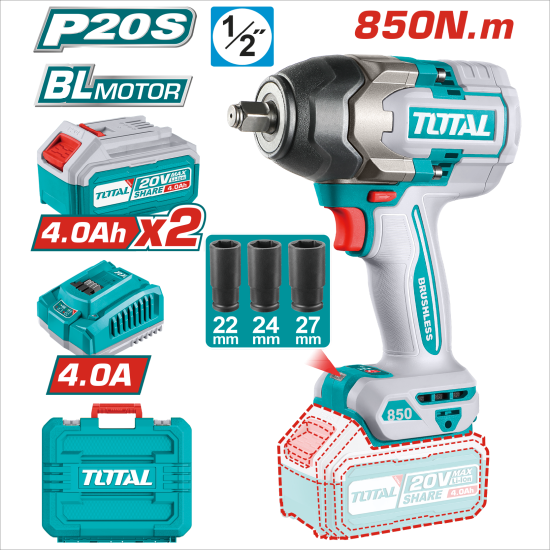 TOTAL 高扭力無刷鋰電衝擊板手 850N.m (UTIWLI2085)