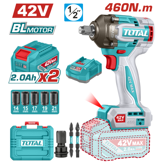 TOTAL 42V鋰電460N.m衝擊扳手-雙2A組 (UTIWLI42462)