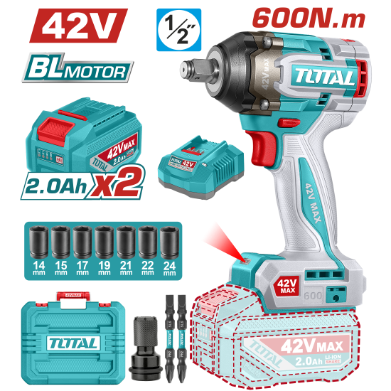 TOTAL 42V 鋰電600Nm衝擊扳手-雙2A套組 (UTIWLI42602)