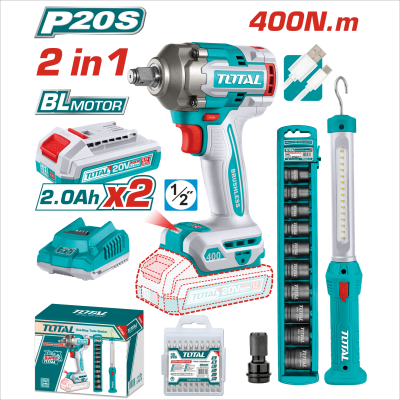 TOTAL 20V 鋰電無刷衝擊板手+工作燈組套 (UTOSLI23048)