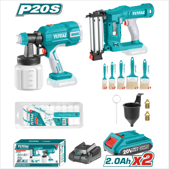 < 請洽各經銷通路 > TOTAL 20V 鋰電噴漆槍+電動釘槍 <雙2A套組> (UTOSLI23054)