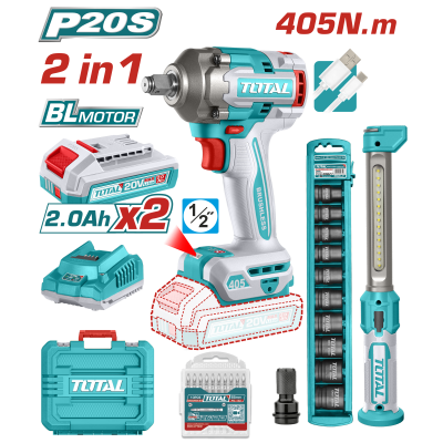 20V扳手機405Nm+工作燈-雙2A組 +10入套筒組+10入起子頭組 (UTOSLI23056)