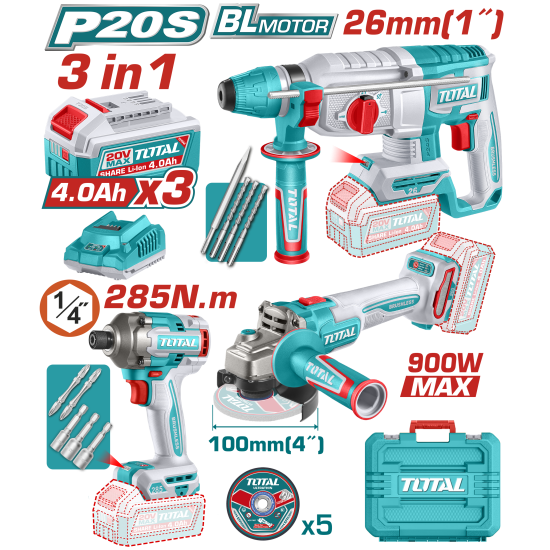 < 請洽各經銷通路 >TOTAL  20V 無刷水電經典三機組套  衝擊起子機 砂輪機 鎚鑽 電鑽! (UTOSLI2411985) 