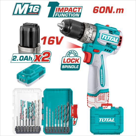< 請洽各經銷通路 > TOTAL 16V 無刷短款震動電鑽組 (UTOSLI241199)