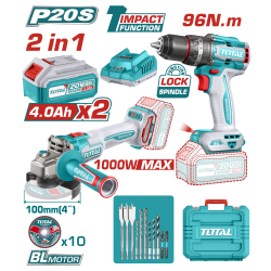 TOTAL 20V 鋰電無刷砂輪機+震動電鑽組套 (UTOSLI24129810)