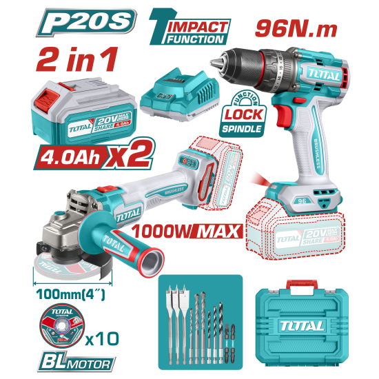 20V震動電鑽96Nm 4"砂輪機-雙4Ah 雙機組  +4"砂輪片*10+11件綜合配件組 (UTOSLI24129810)