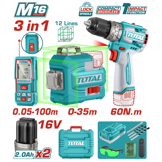 TOTAL 16V 木工鋰電無刷三件組套 (UTOSLI250101) 