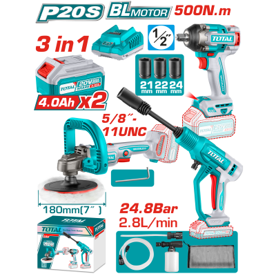 汽車美容3寶 20V 衝擊板手500Nm+高壓清洗機+打蠟機-雙4.0Ah 汽車美容三寶 (UTOSLI250184)